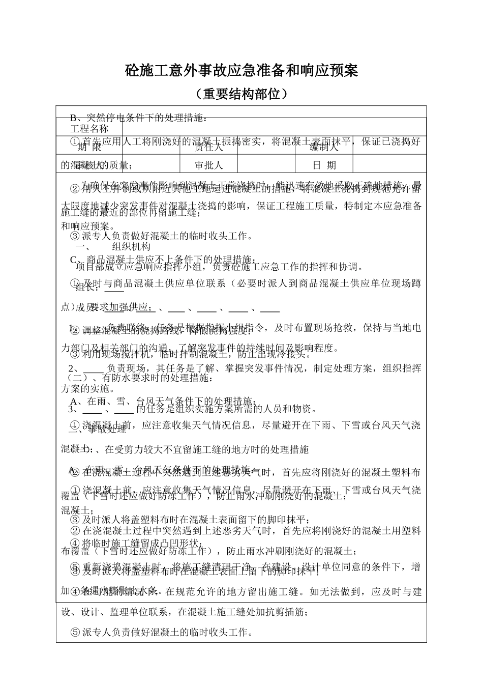 砼施工意外事故应急准备和响应预案(1).doc_第1页