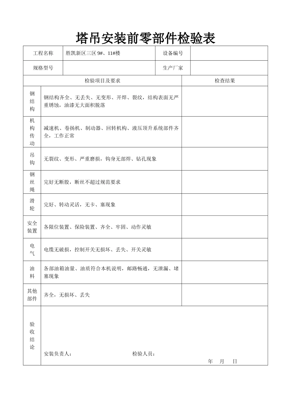 塔吊安装前零部件检验表(1).doc_第1页