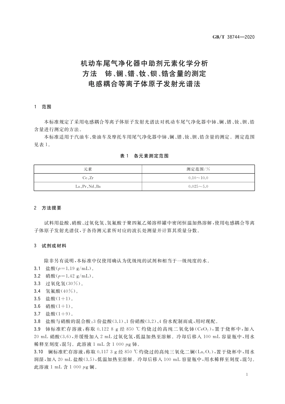 GB／T 38744-2020 机动车尾气净化器中助剂元素化学分析方法 铈、镧、镨、钕、钡、锆含量的测定 电感耦合等离子体原子发射光谱法.pdf_第3页