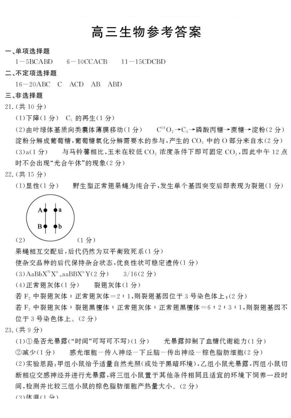 2025—2026学年度第一学期期末教学质量检测生物答案.pdf_第1页