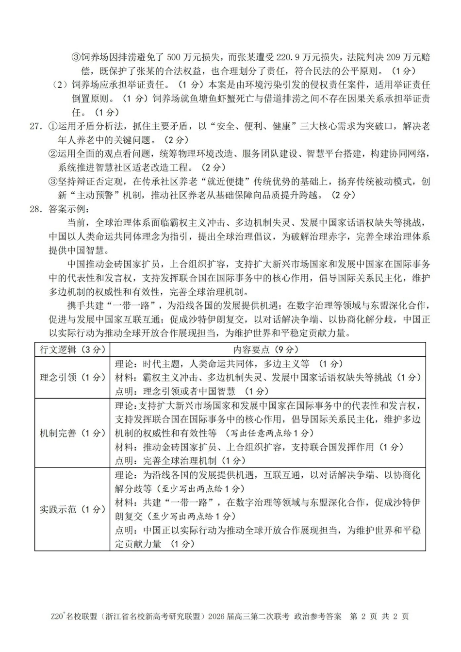 Z20名校联盟（浙江名校新高考研究联盟）2026届高三第二次联考政治答案.pdf_第2页