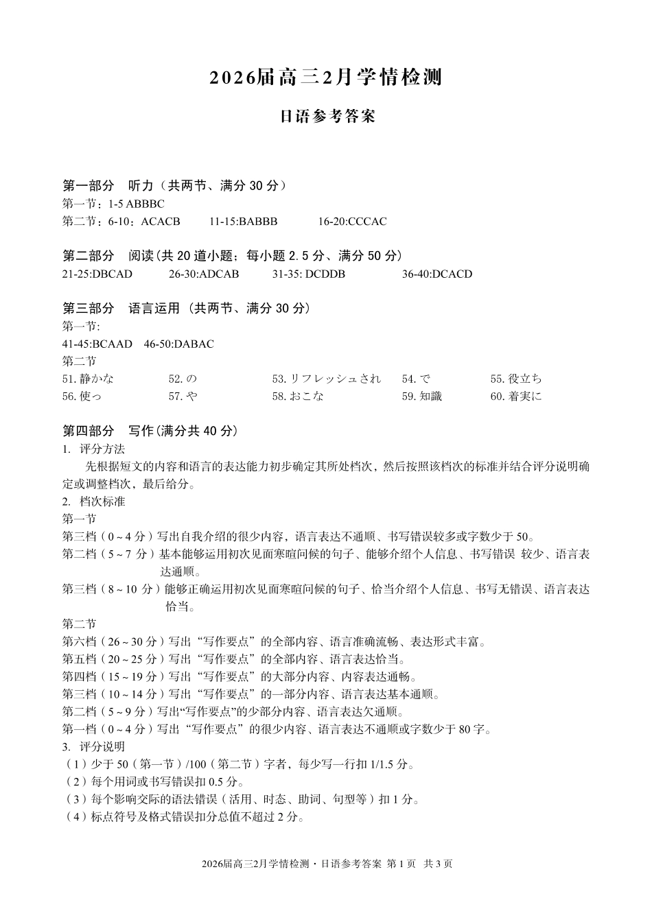 安徽A10联盟2026届高三下学期2月学情检测日语答案.pdf_第1页