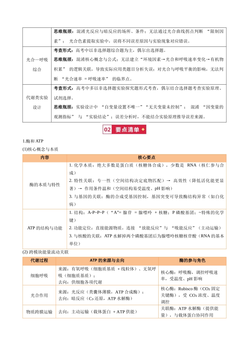 宝典02细胞的代谢(知识方法能力清单)(5类解题大招)(全国通用)(原卷版).docx_第2页