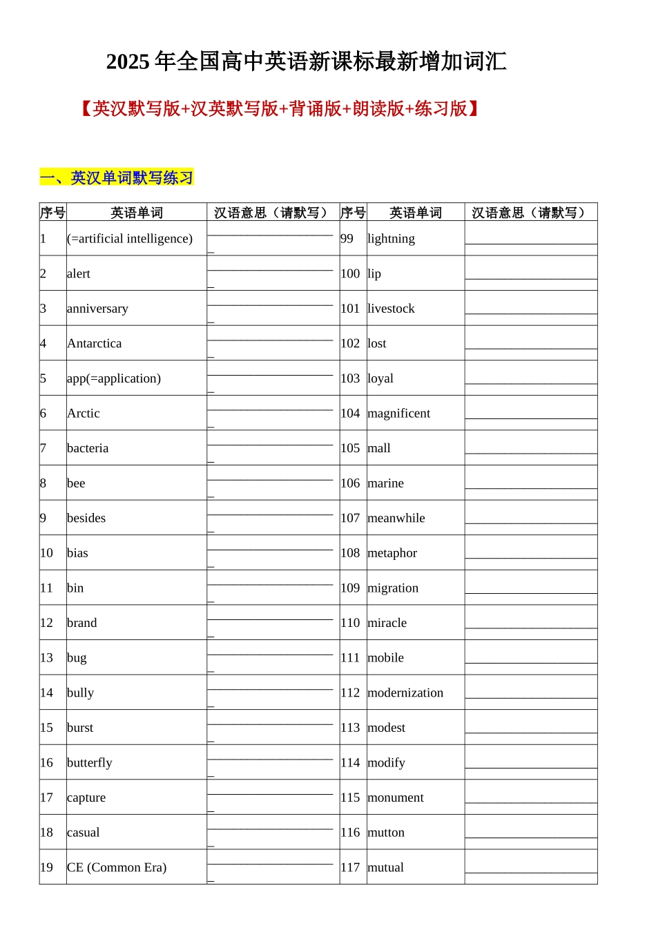 词汇清单05：2025全国高中英语新课标新增词汇详解及训练【AI-yield（清单）（全国通用）2026年高考英语二轮复习讲练测.docx_第1页