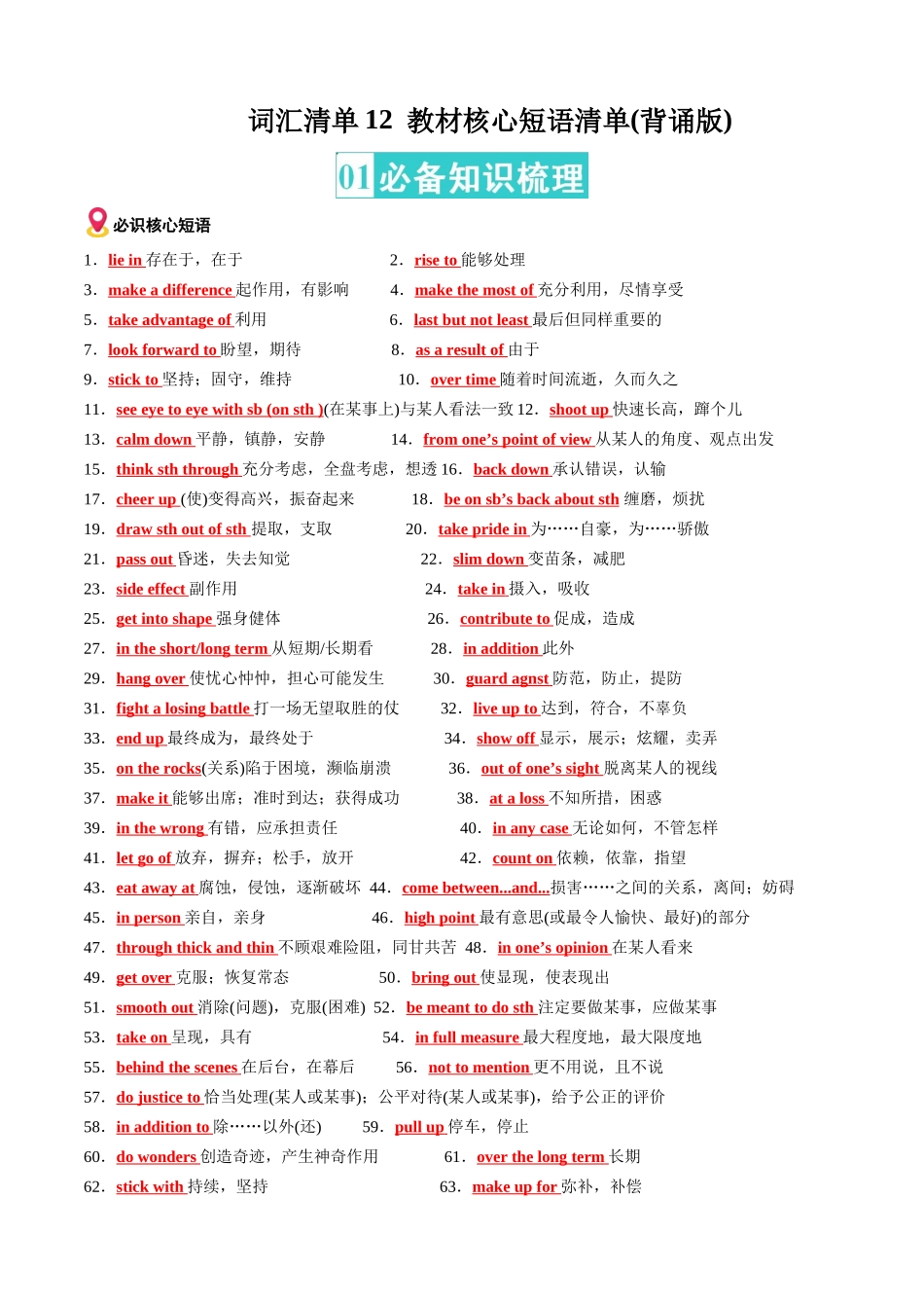 词汇清单12教材核心短语清单(背诵版)(全国通用).docx_第1页