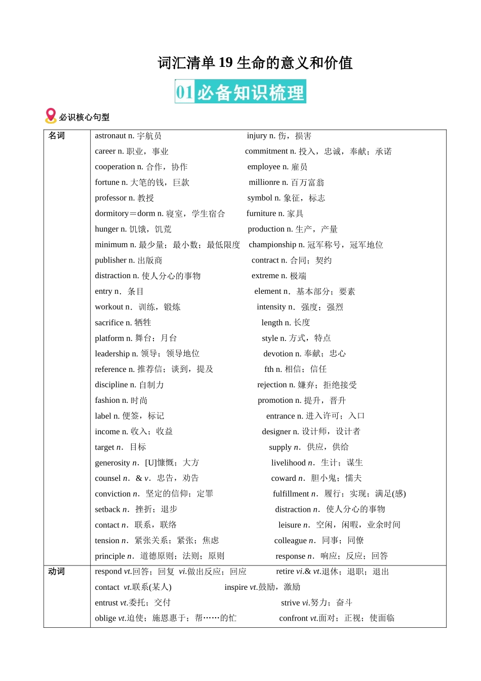 词汇清单19生命的意义和价值（全国通用）（解析版）.docx_第1页