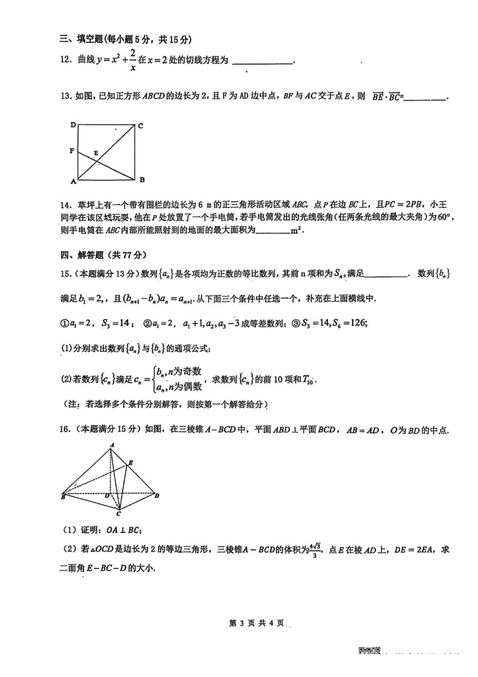 黑龙江实验中学2026届高三学年联合模拟考试数学.pdf_第3页
