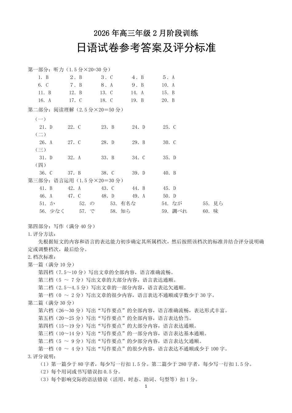 湖北云学联盟2026年高三年级2月阶段训练日语评分细则.pdf_第1页