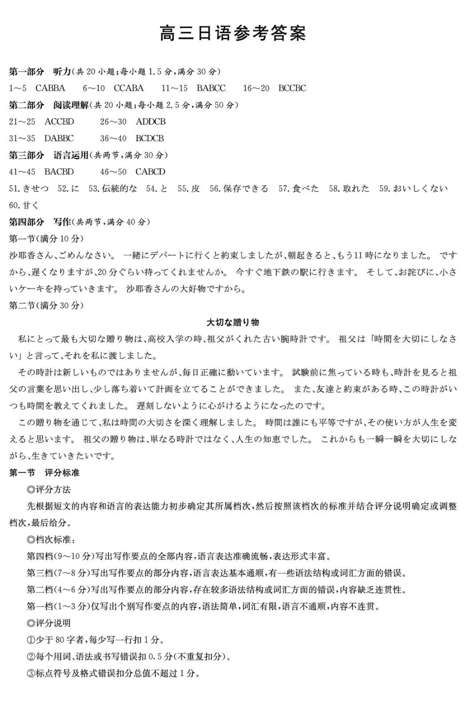 湖南2026届新高考教学教研联盟（长郡二十校）高三下学期3月第一次（二模）联考日语答案.pdf_第1页
