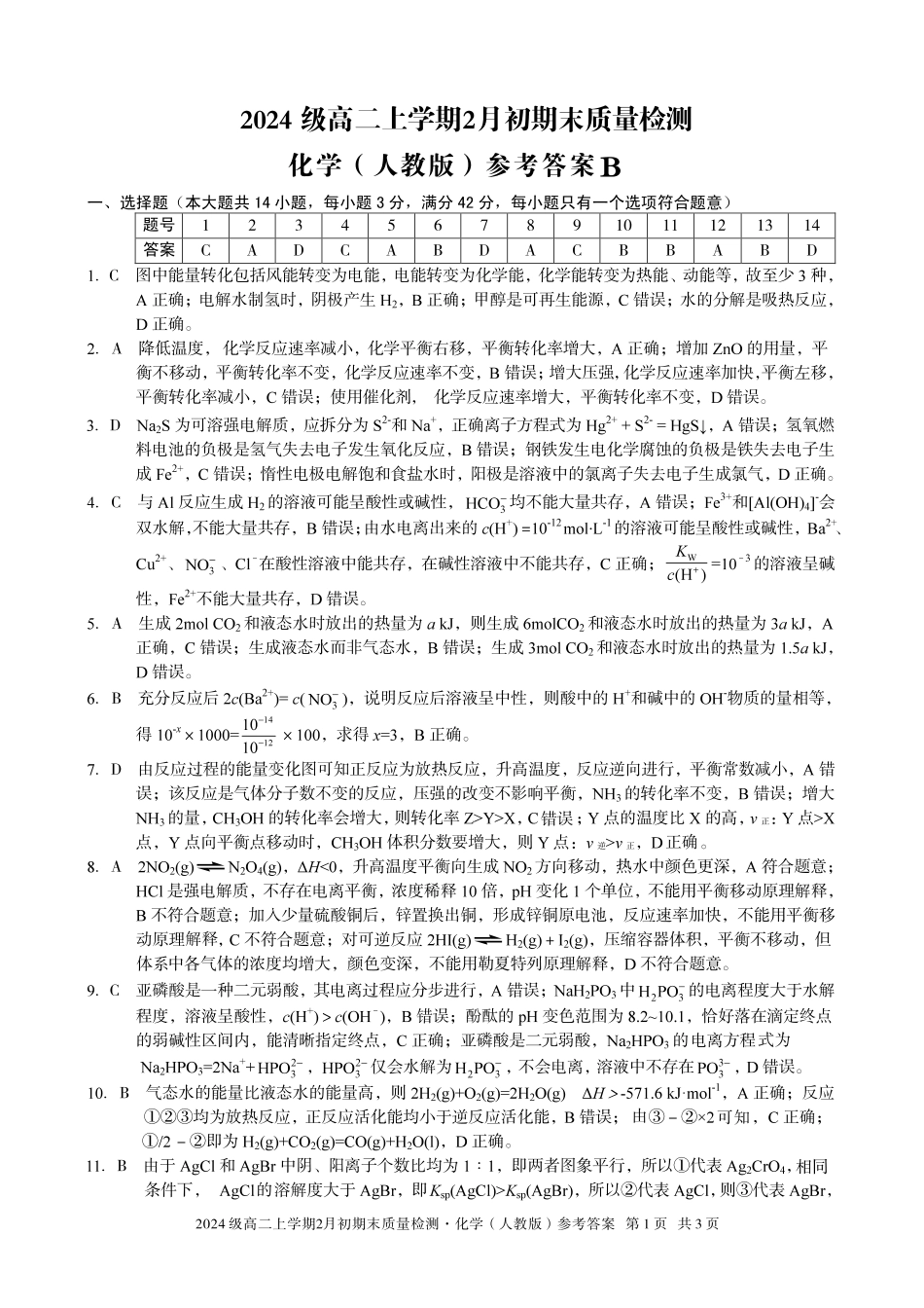 化学(B卷)答案安徽A10联盟2024级高二上学期2月初期末质量检测（2.3-2.4）.pdf_第1页