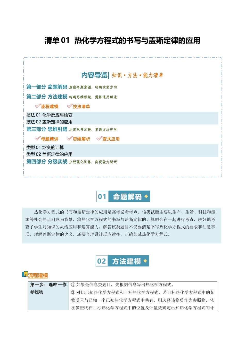 清单01热化学方程式的书写与盖斯定律的应用(知识方法能力清单)(解析版).docx_第1页