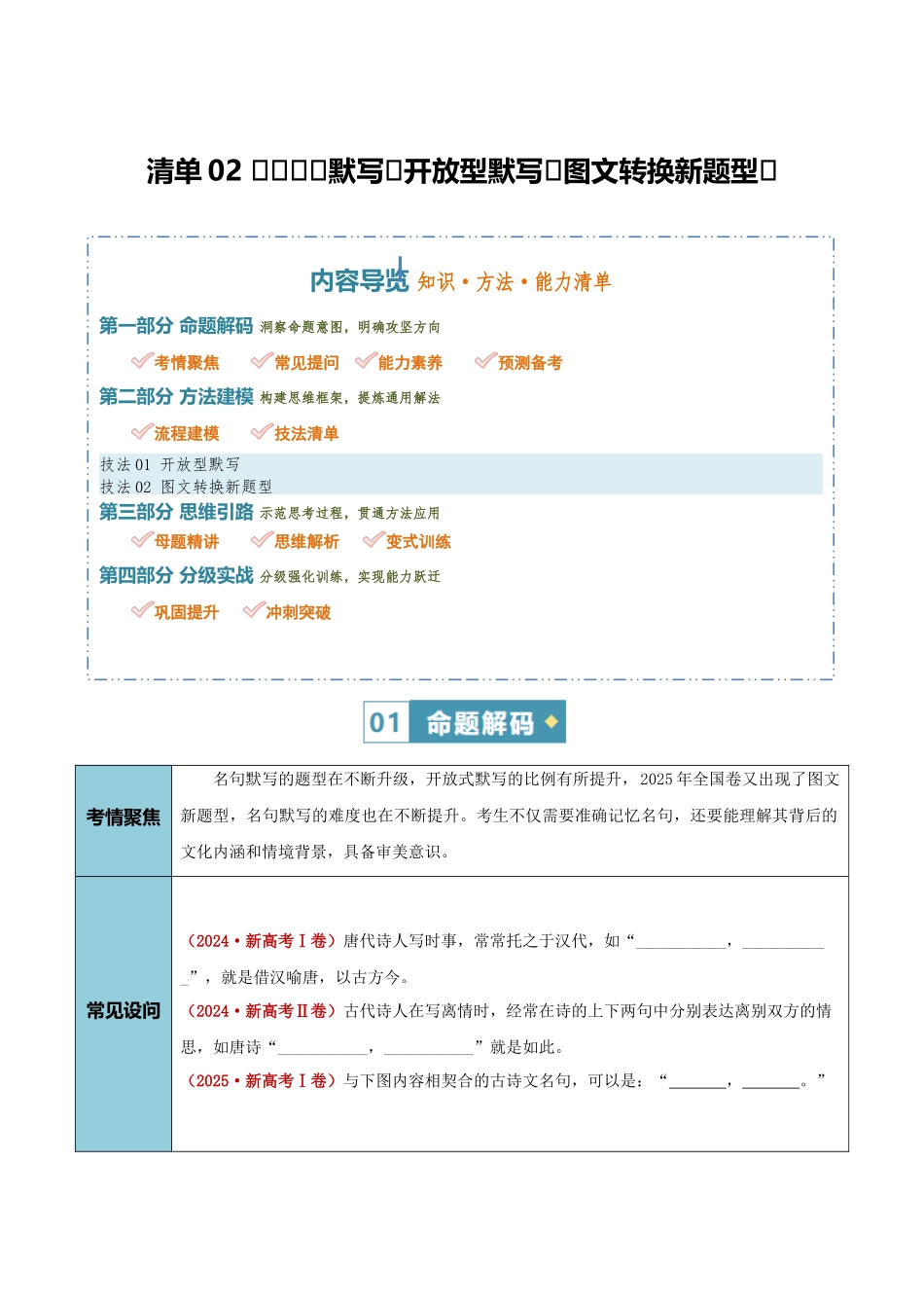 清单02名篇名句默写（开放型默写与图文转换新题型）（知识方法能力清单）（原卷版）.docx_第1页