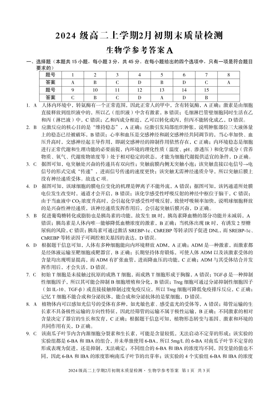 生物(A卷)答案安徽A10联盟2024级高二上学期2月初期末质量检测（2.3-2.4）.pdf_第1页