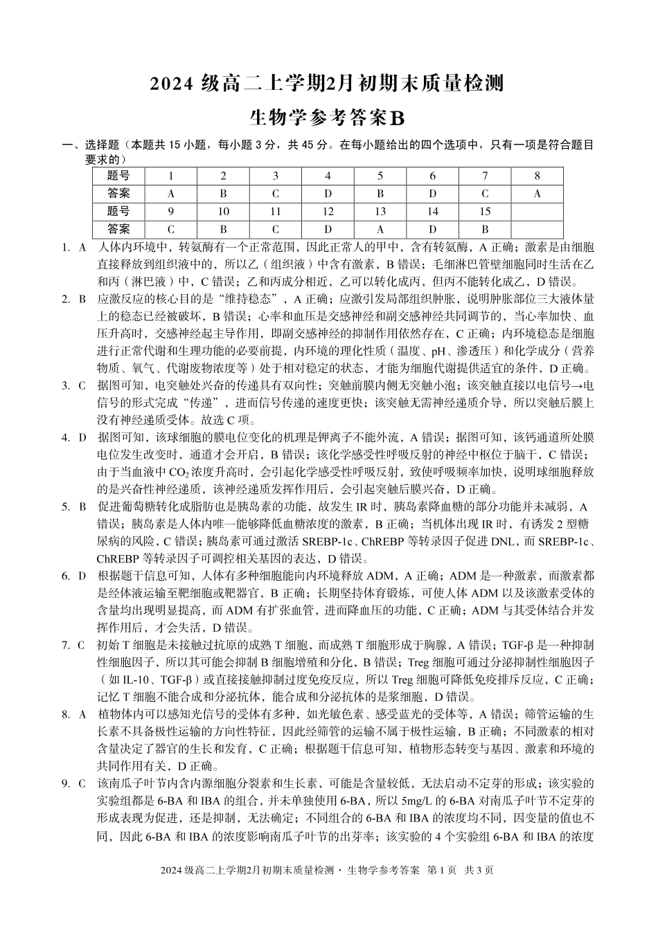 生物(B卷)答案安徽A10联盟2024级高二上学期2月初期末质量检测（2.3-2.4）.pdf_第1页