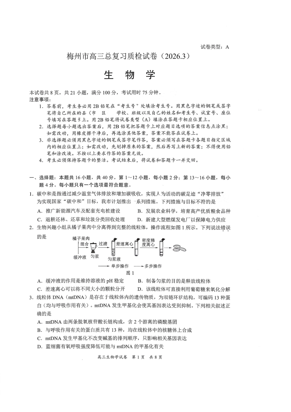 生物广东梅州市2026届高三年级3月总复习质检试卷(梅州一模)(3.2-3.4)(1).pdf_第1页