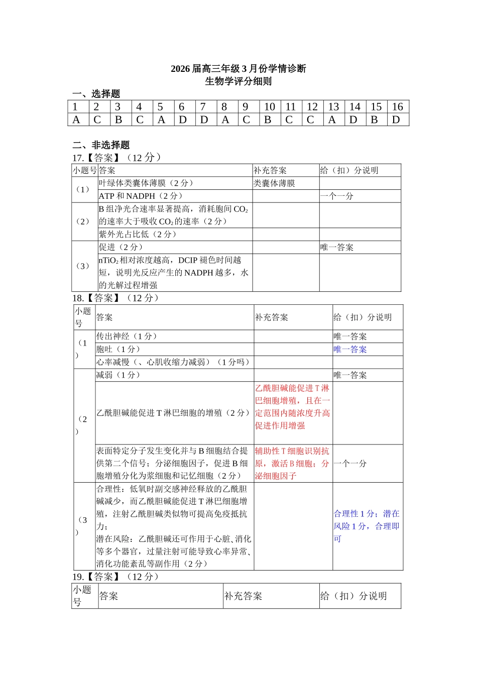 生物评分细则河北横水金卷先享卷2026届高三年级3月份学情诊断(3.4-3.5).doc_第1页