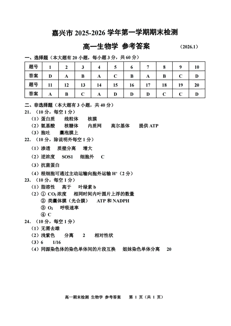 生物浙江嘉兴市2025-2026学年第一学期高一上学期期末检测考试（1.28-1.30）(1).pdf_第1页