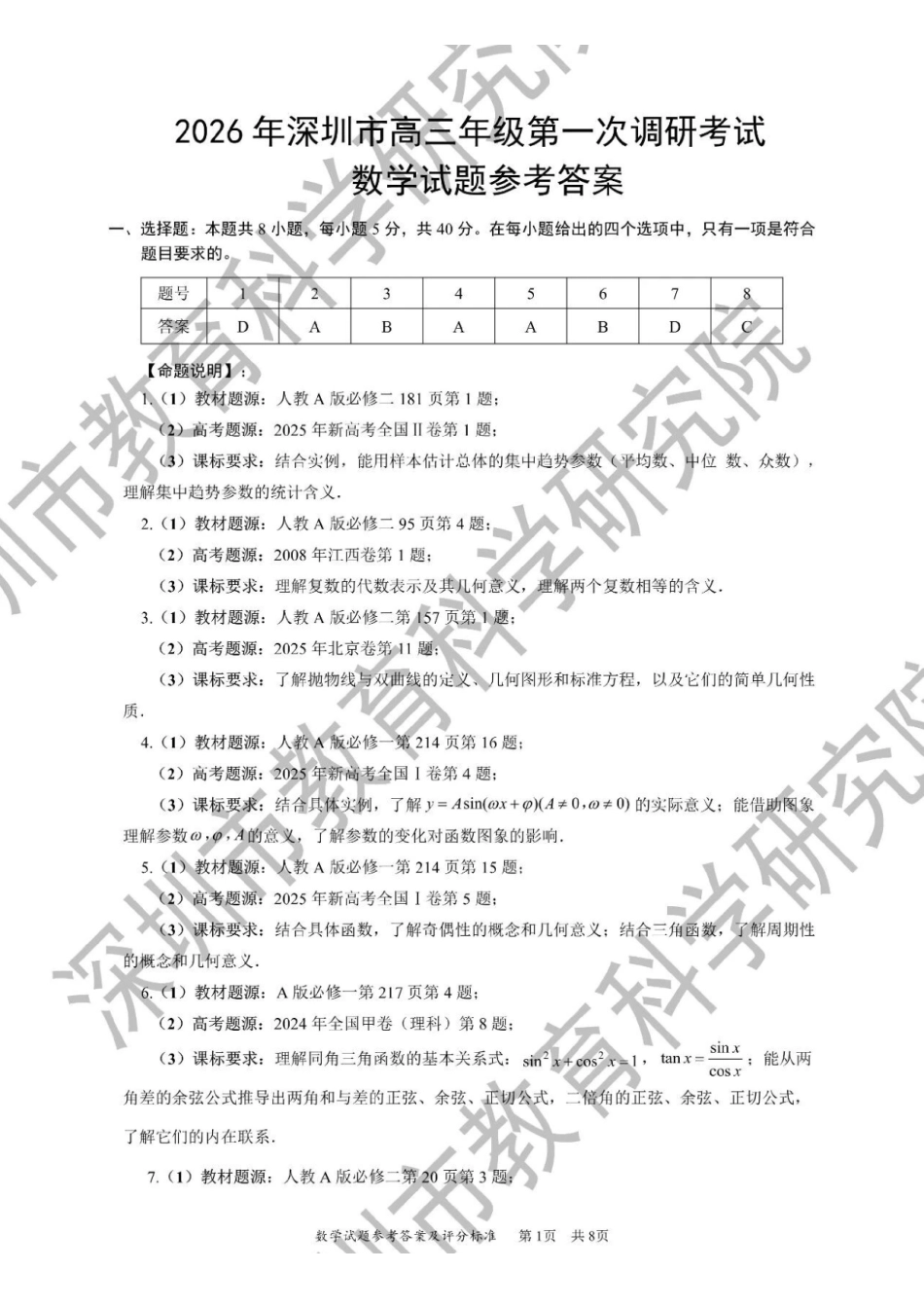 数学官方答案广东深圳市2026年高三年级第一次调研考试(深圳一模)(3.4-3.6).pdf_第1页