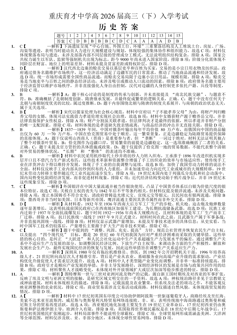 重庆育才中学高2026届高三（下）入学考试历史答案.pdf_第1页