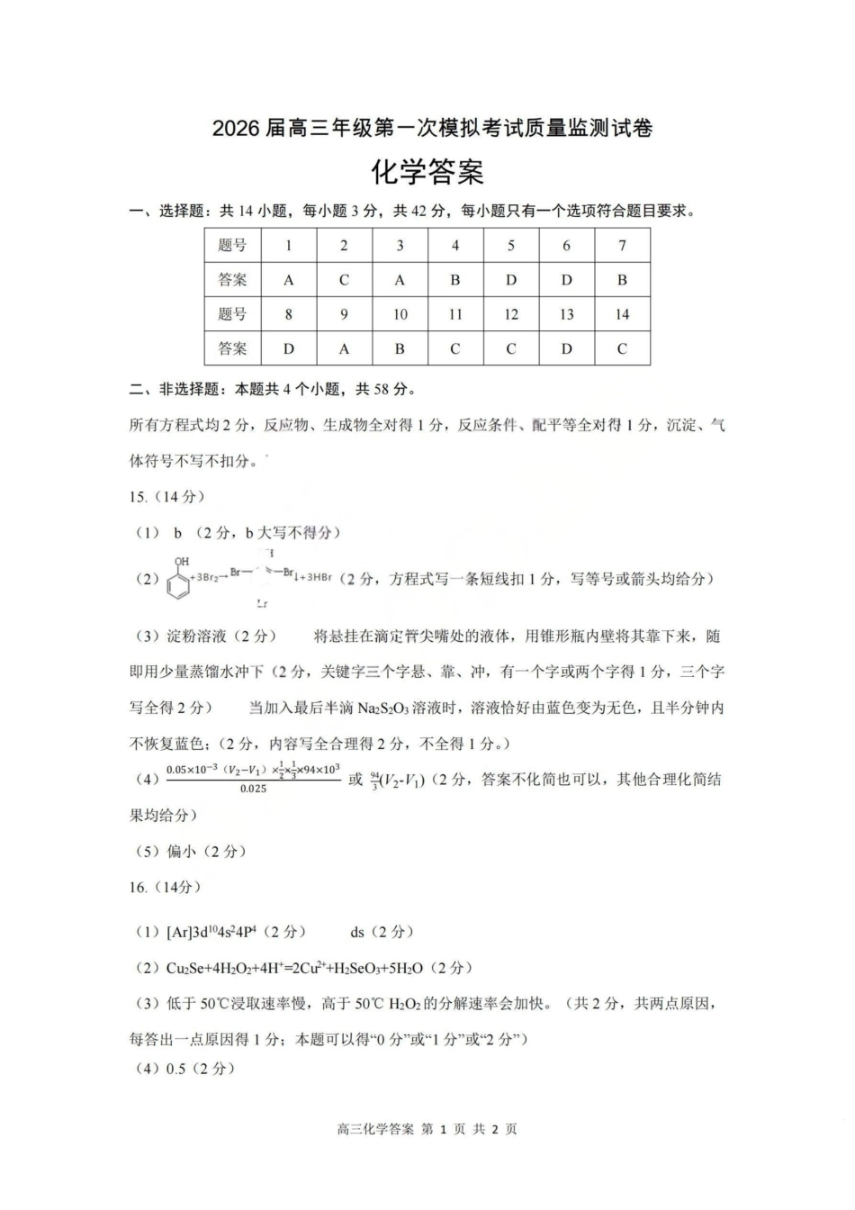 2026届高三年级第一次模拟考试质量监测试卷化学答案.pdf_第1页