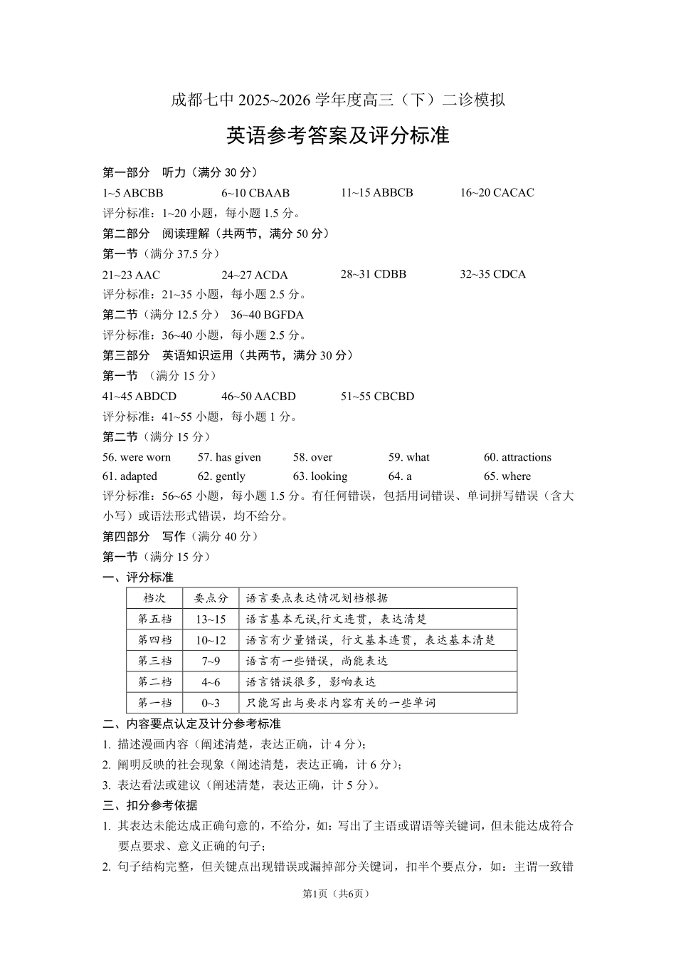 成都市第七中学2025~2026学年度下期高2026届二诊模拟考试英语答案.pdf_第1页
