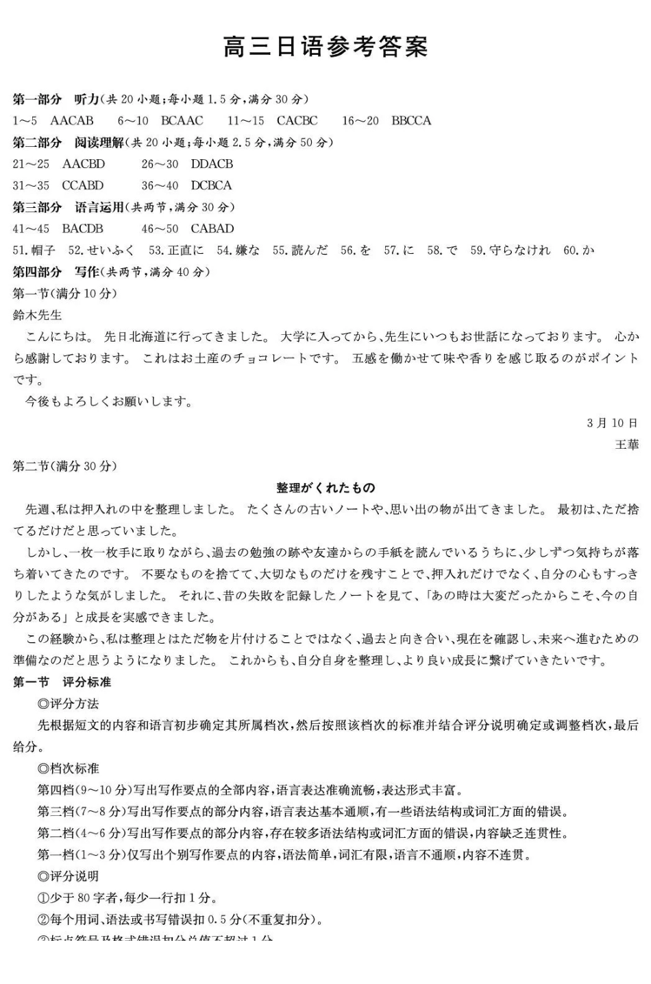 湖南九校联盟2026届高三第二次联考（暨怀化市一模）日语答案.pdf_第1页