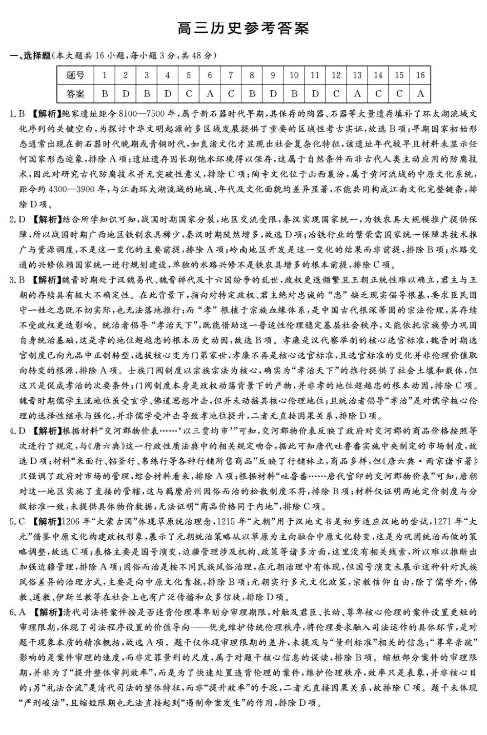 湖南师大附中2026届高三月考试卷（七）历史答案.pdf_第1页