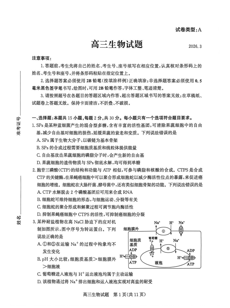 山东宾州市2026届高三年级一模考试生物.pdf_第1页
