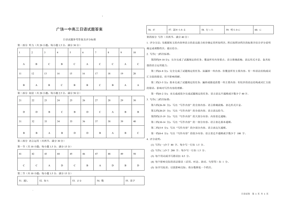 山东东营市2026届高三年级第一次诊断性测试日语答案.pdf_第1页