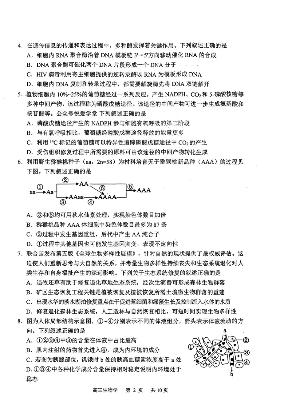生物吉林延边朝鲜族自治州2026届高三下学期教学质量检测(延边一模)(3.3-3.4).pdf_第2页