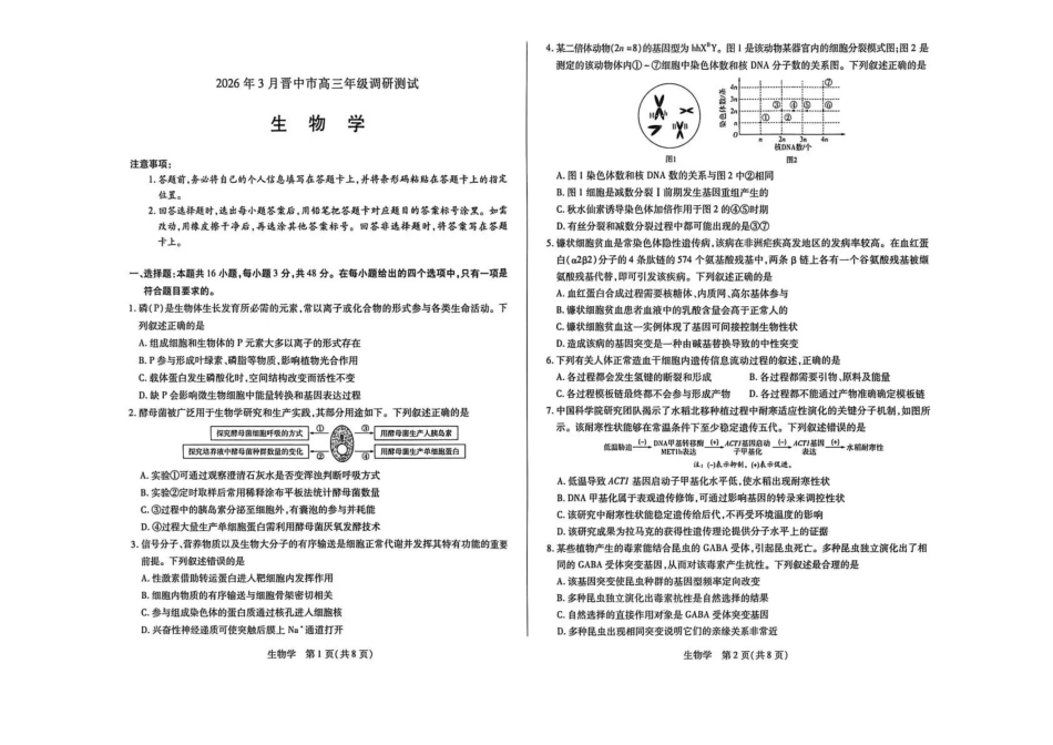 生物山西晋中市2026年3月高三年级调研测试（晋中二模）(3.10-3.11).pdf_第1页