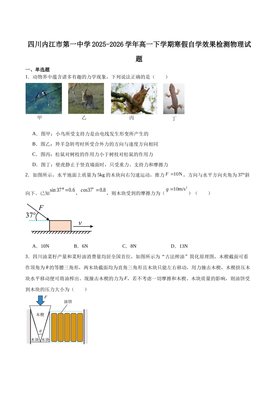 四川内江市第一中学2025-2026学年高一下学期寒假自学效果检测(开学)物理试卷.docx_第1页