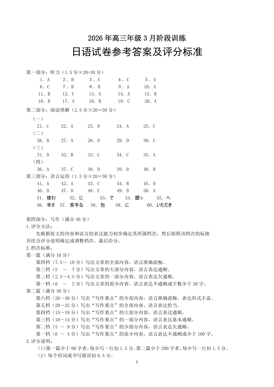 武汉市2026届高中毕业生三月调研考试日语答案.pdf_第1页
