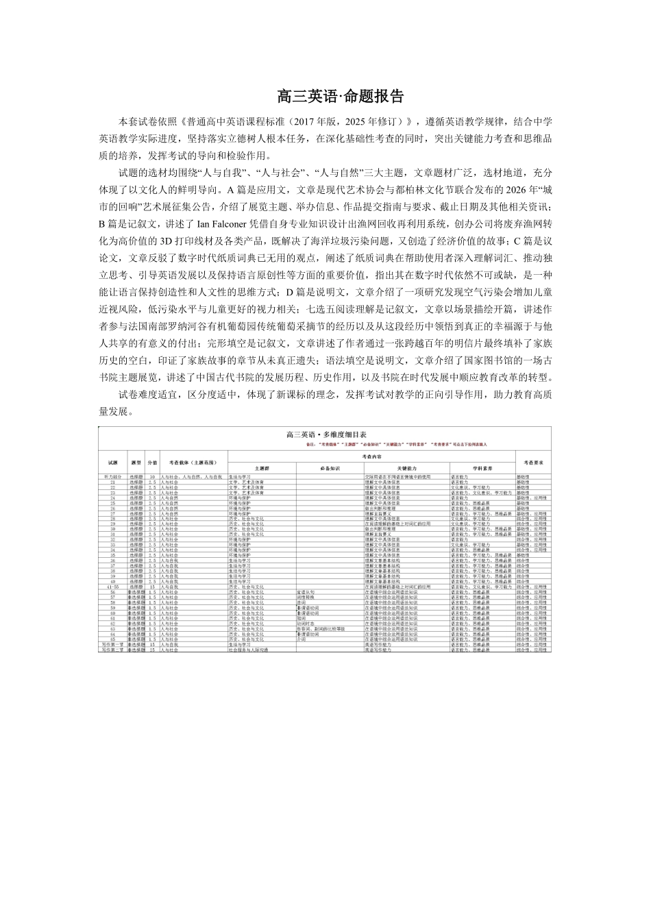 英语命题报告河南某地大联考2026届高三年级下学期开学素质评价（3.5-3.6）.pdf_第1页