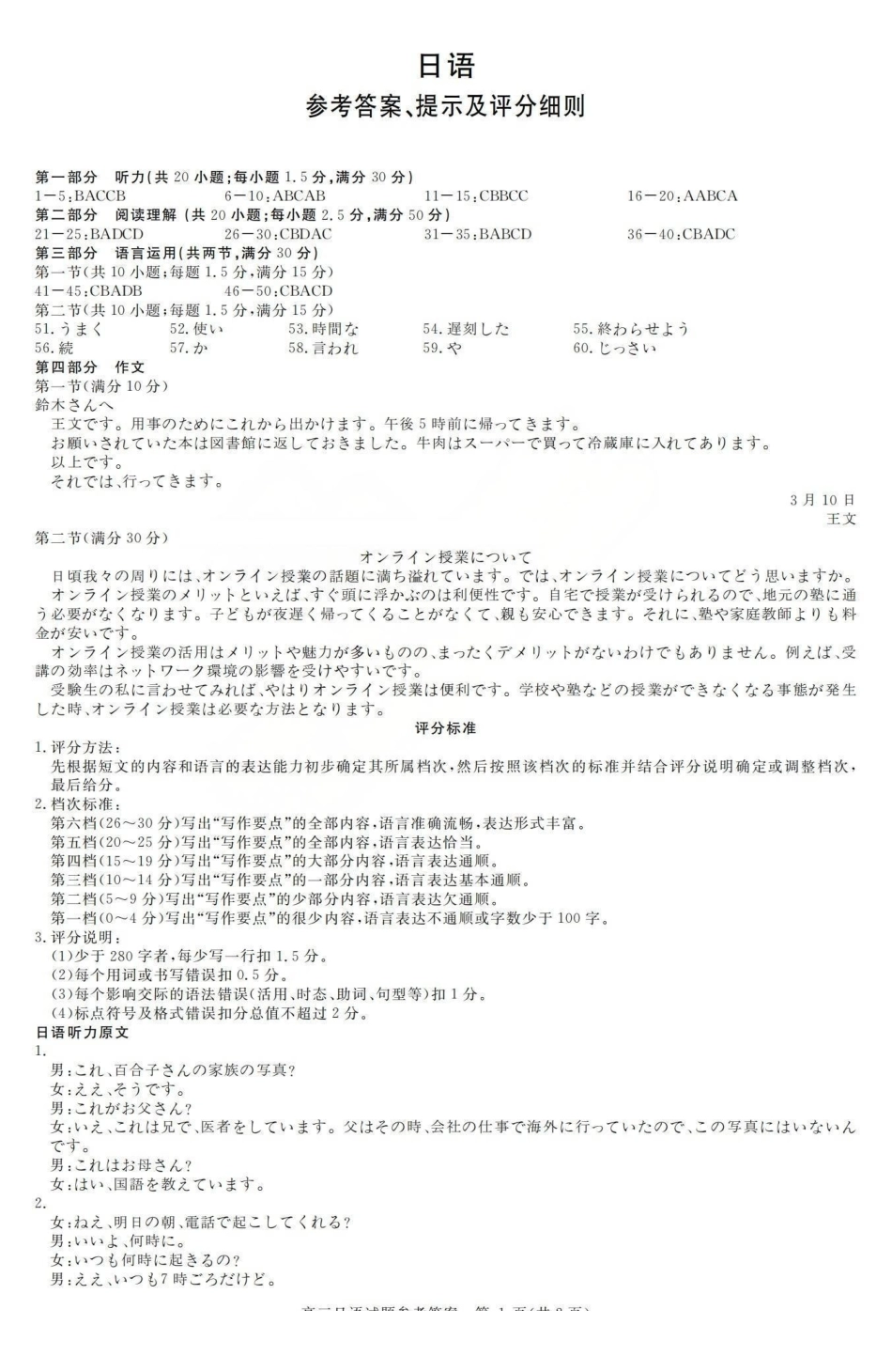 运城市2026年高考考前模拟测试（26-297C）日语答案.pdf_第1页