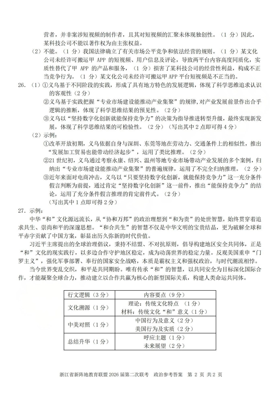 浙江新阵地教育联盟2026届第二次联考政治答案.pdf_第2页