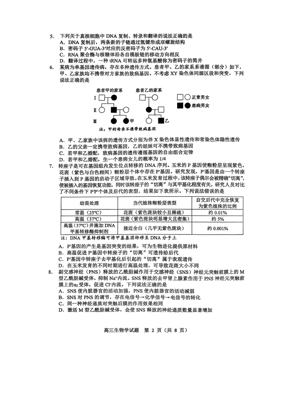 淄博市2025-2026学年度高三模拟考试生物.pdf_第2页