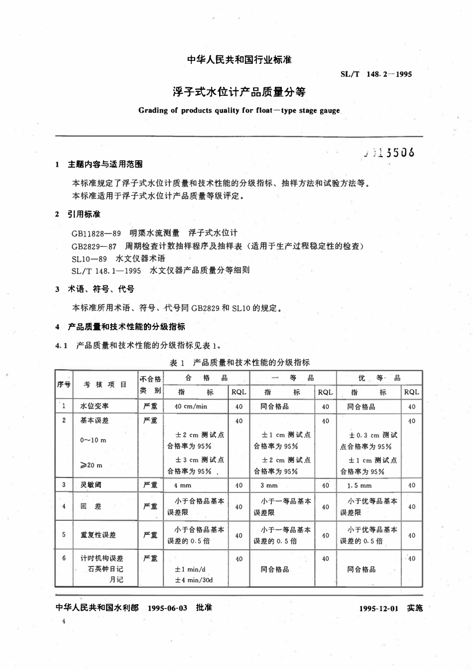 SLT 148.2-1995 浮子式水位计产品质量分等.pdf_第1页