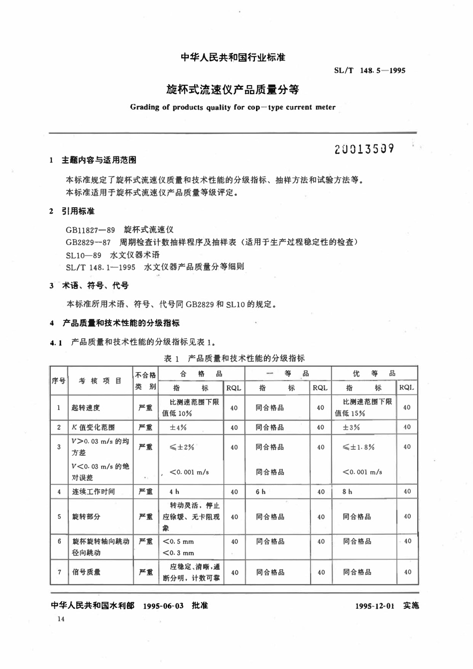 SLT 148.5-1995 旋杯式流速仪产品质量分等.pdf_第1页
