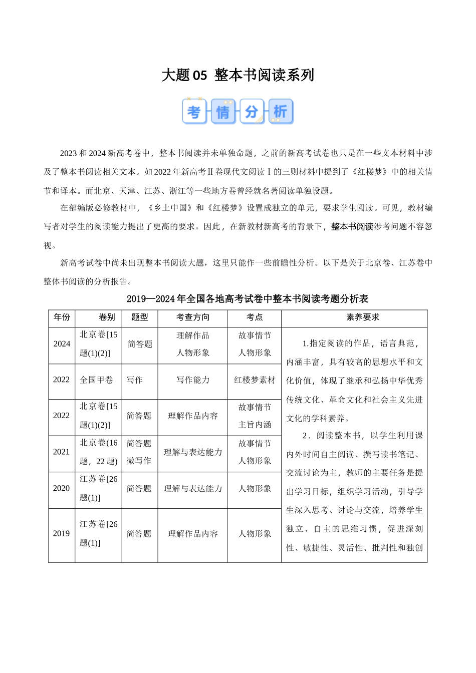 【大题精做】冲刺2025年高考语文大题突破-大题05  整本书阅读系列（原卷版）.docx_第1页