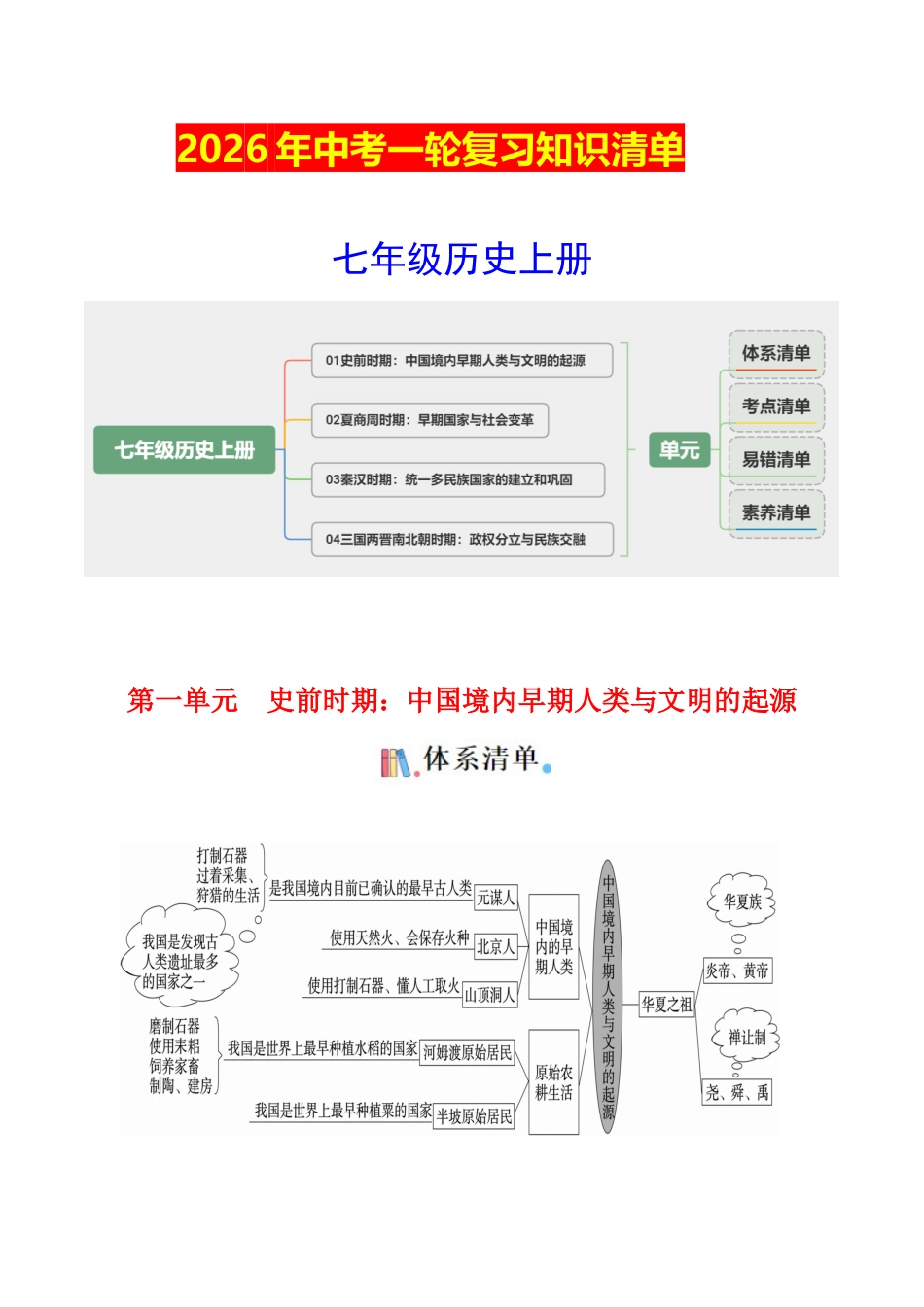 01七上历史知识清单 -2026年中考历史一轮复习知识清单 .docx_第1页