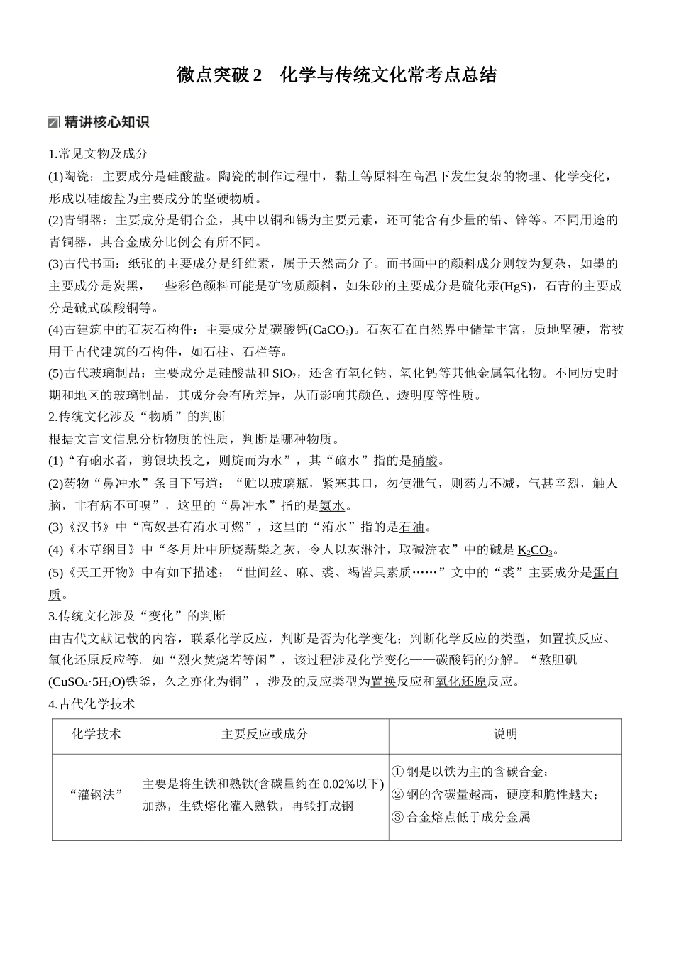 2026版化学步步高大二轮专题复习-专题一 微点突破2 化学与传统文化常考点总结.docx_第1页