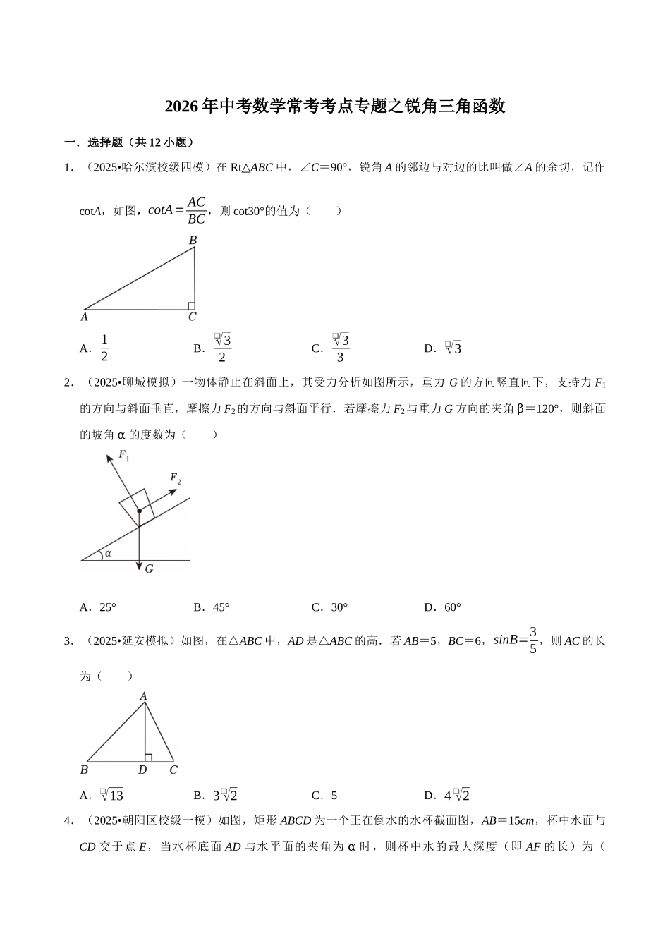 2026年中考数学常考考点专题之锐角三角函数.docx_第1页