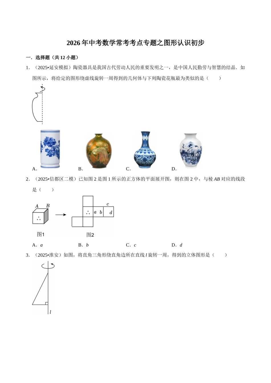 2026年中考数学常考考点专题之图形认识初步.docx_第1页
