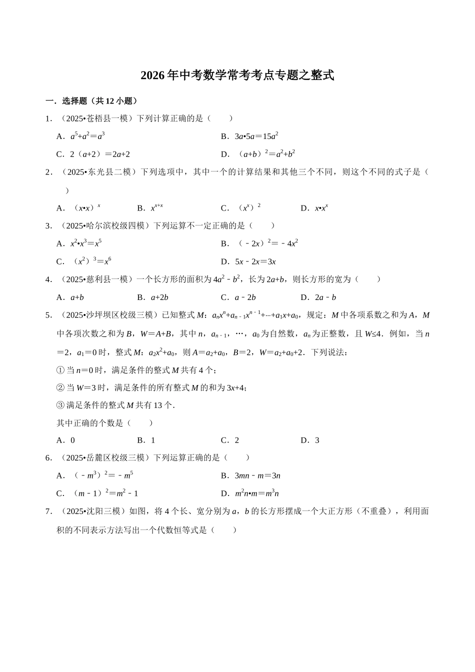 2026年中考数学常考考点专题之整式.docx_第1页