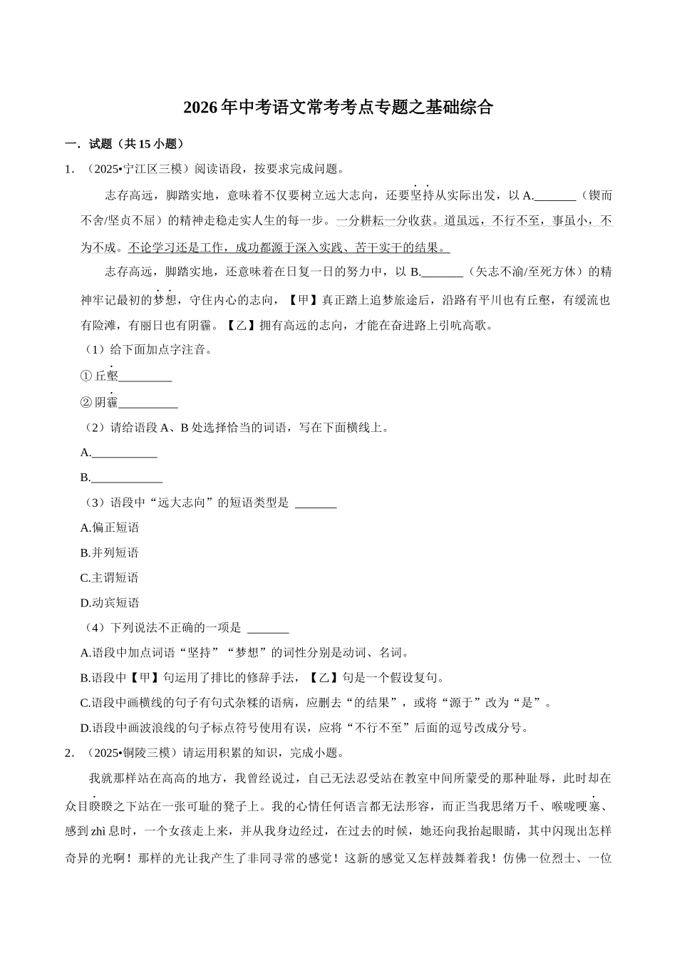 2026年中考语文常考考点专题之基础综合.docx_第1页