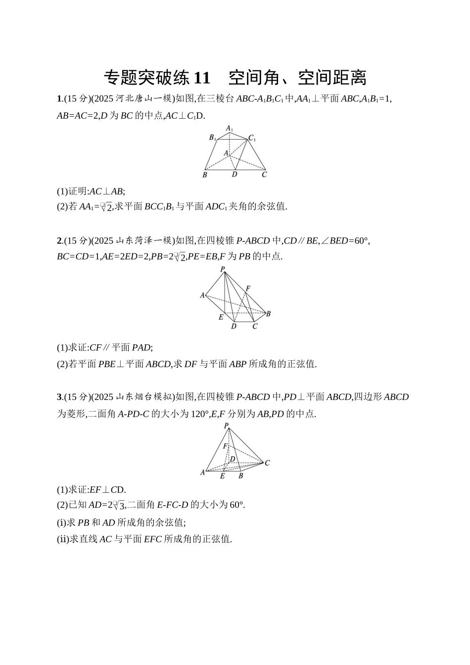 备战2026年高考数学二轮复习27个专题突破-专题突破练11　空间角、空间距离.docx_第1页