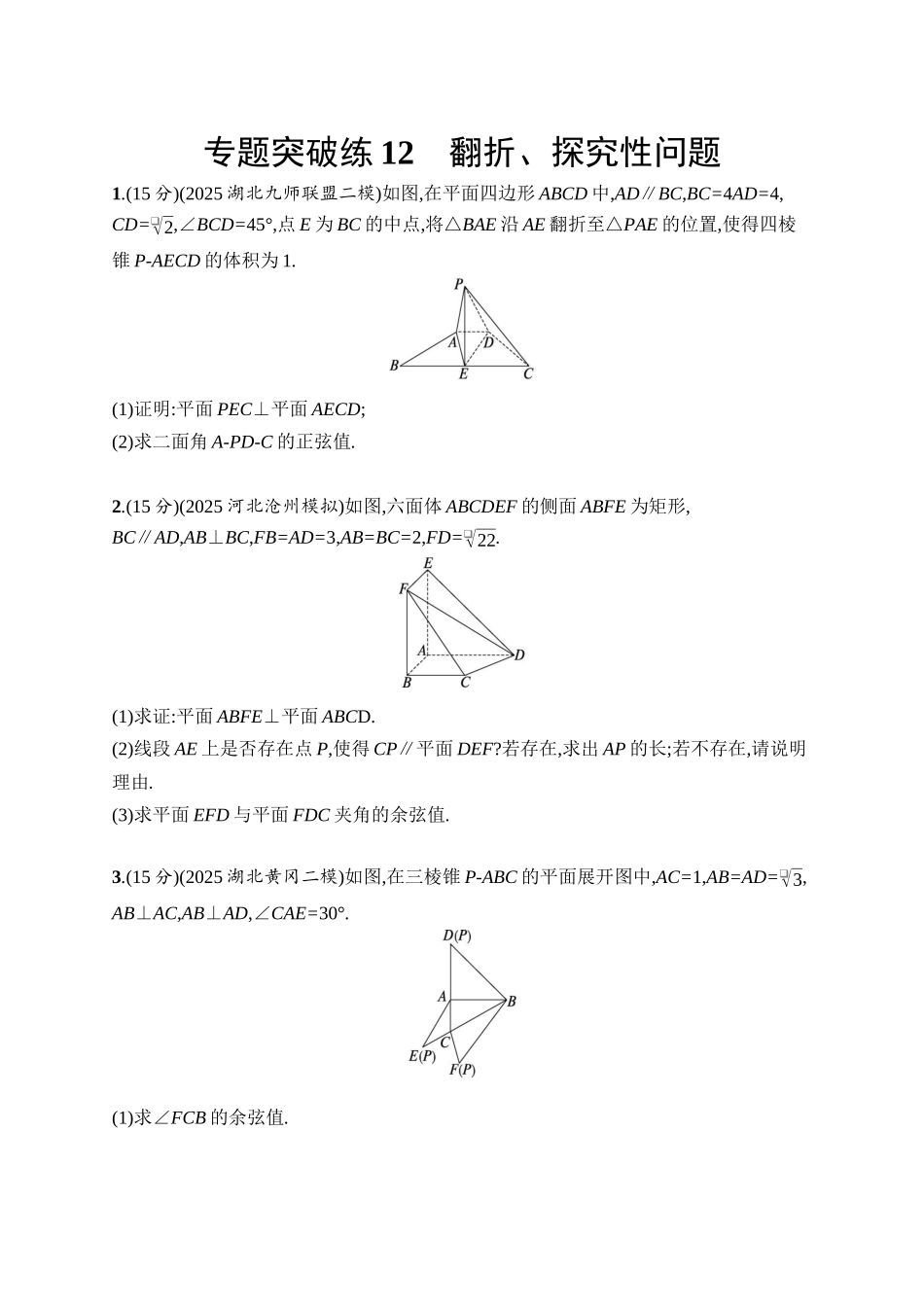 备战2026年高考数学二轮复习27个专题突破-专题突破练12　翻折、探究性问题.docx_第1页