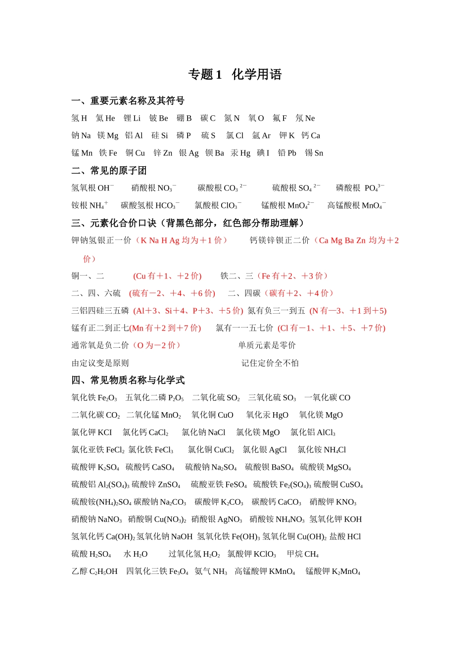 专题01 化学用语-【口袋书】中考化学必背知识手册(全国通用).docx_第1页