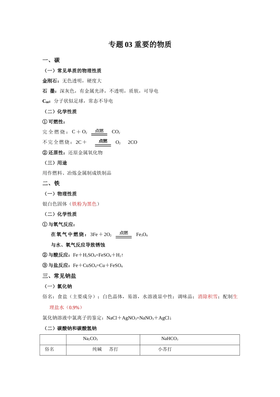 专题03 重要的物质-【口袋书】中考化学必背知识手册（全国通用）.docx_第1页